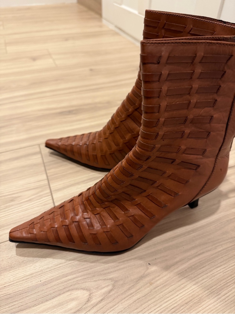 Nine West Woven Pointed-Toe Ankle Boots in Cognac Brown